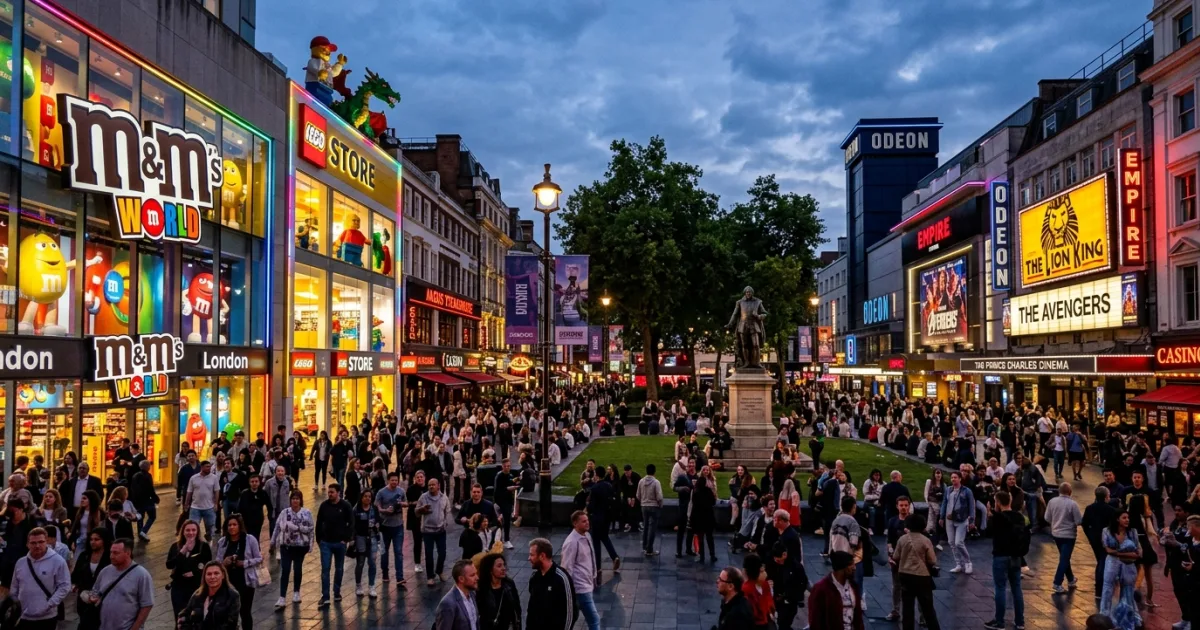 Leicester Square at dusk with glowing cinema signs and bustling crowds
