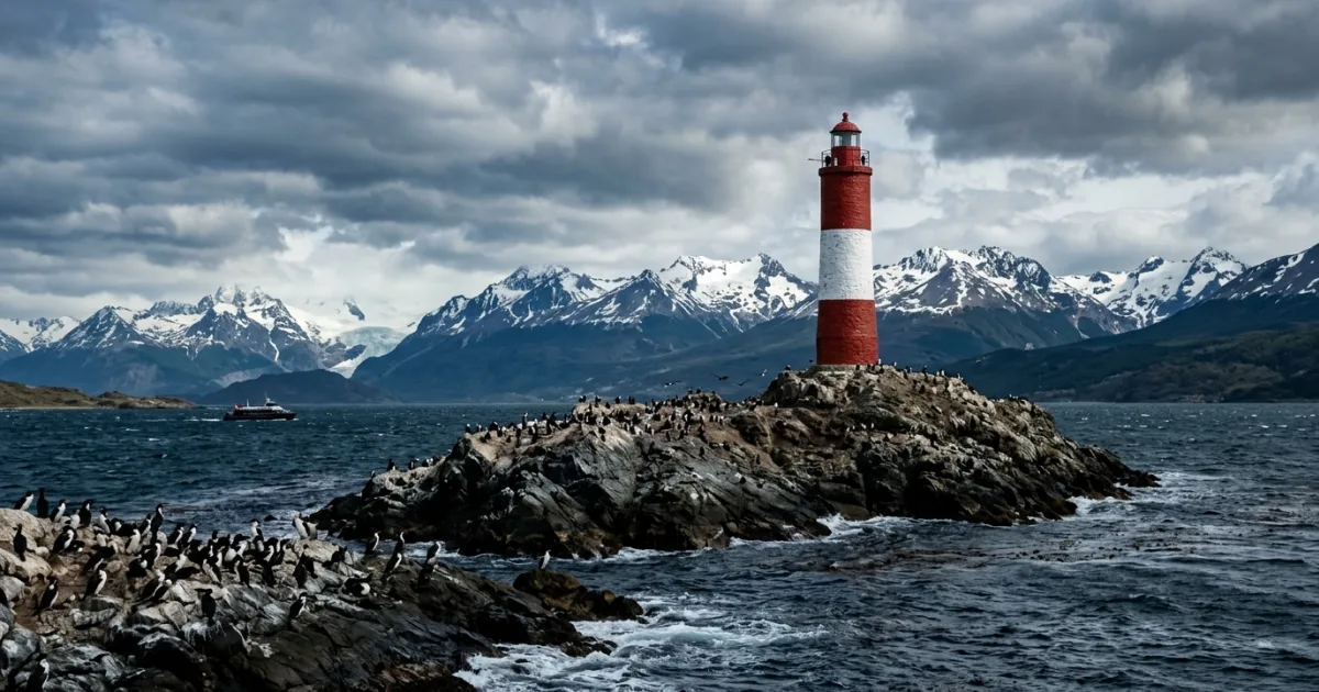 Les Eclaireurs Lighthouse in the Beagle Channel with snow-capped mountains in the background