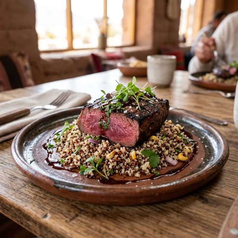 Grilled llama steak with tri-color Andean quinoa