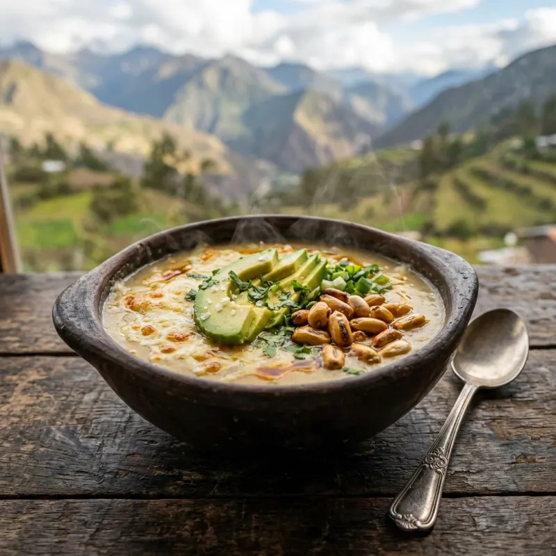 A bowl of traditional Ecuadorian Locro de Papa soup with avocado and cheese