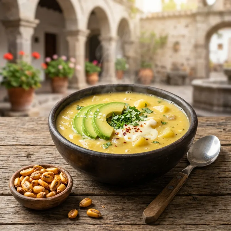 A bowl of traditional Ecuadorian Locro de Papa soup with avocado