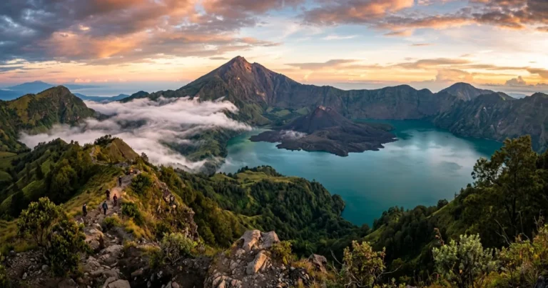 Lombok 1 Mount Rinjani and crater lake at sunrise in Lombok