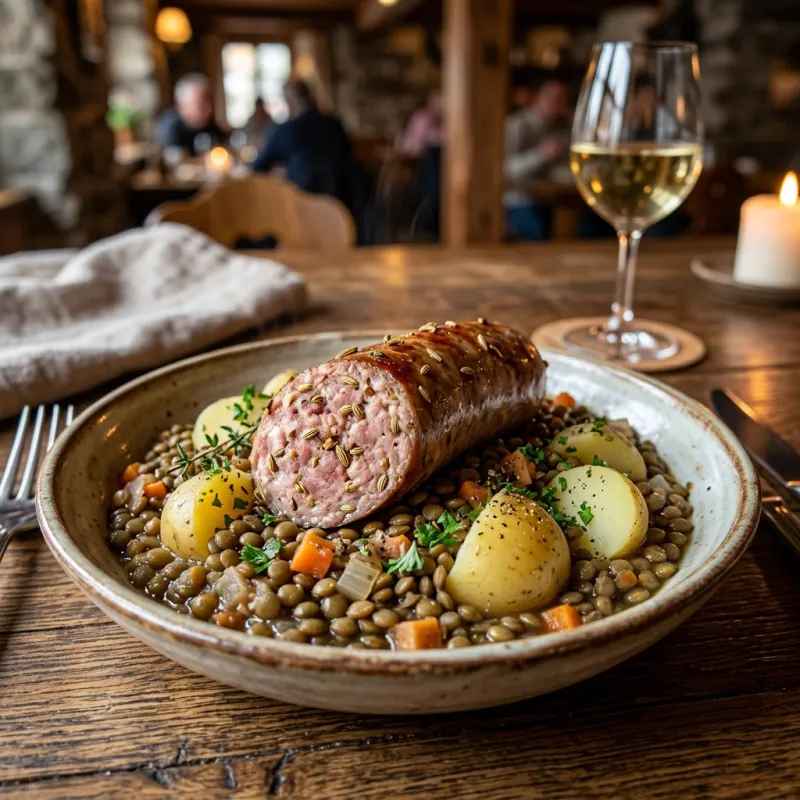 Traditional Genevan Longeole sausage with lentils and potatoes