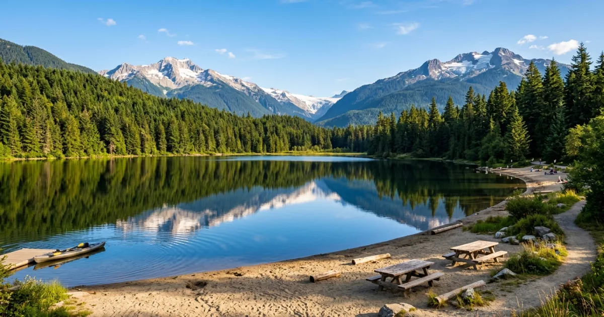 Wide angle view of Lost Lake in Whistler surrounded by evergreen forests and mountains
