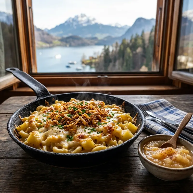 A pan of traditional Swiss Älplermagronen with applesauce
