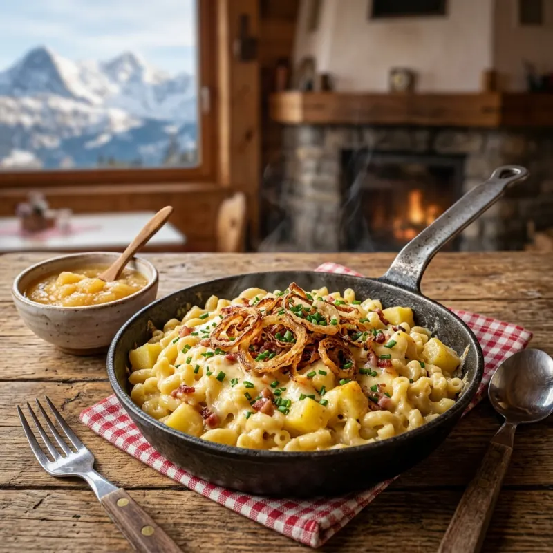 A cast-iron pan of Älplermagronen with applesauce in a Swiss chalet