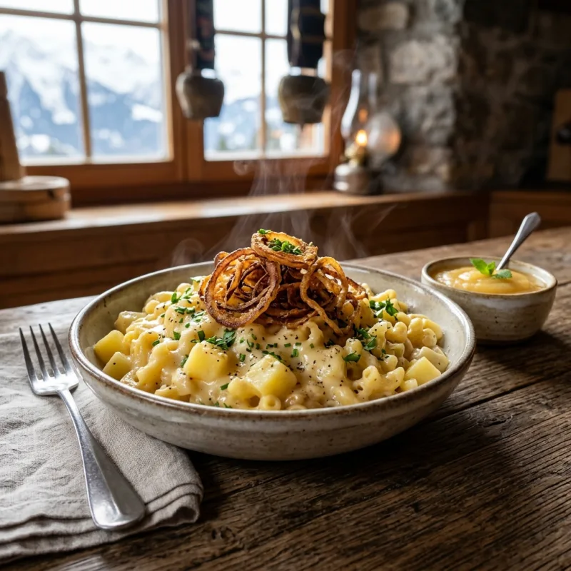 A traditional bowl of Swiss Älplermagronen with crispy onions and applesauce