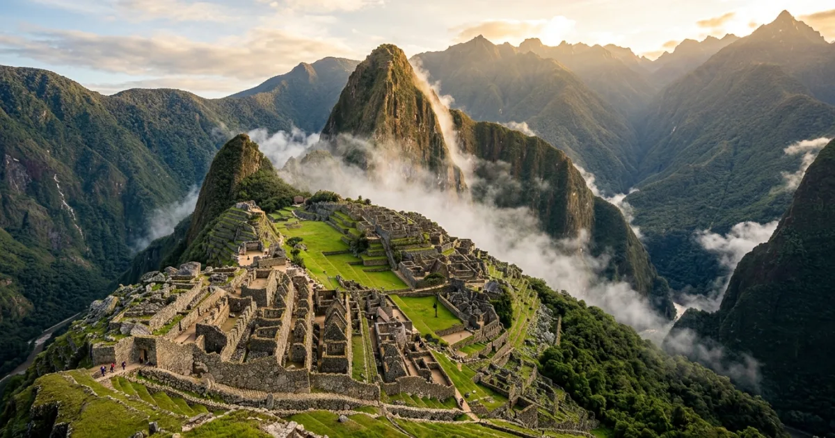 Wide angle view of Machu Picchu Citadel at sunrise with Huayna Picchu in the background