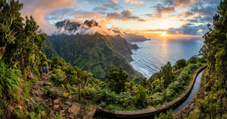 Madeira 5 Panoramic view of Madeira's lush volcanic mountains and the Atlantic Ocean at sunrise