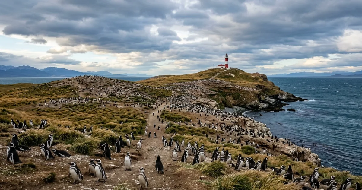 Magdalena Island landscape with penguins and a lighthouse