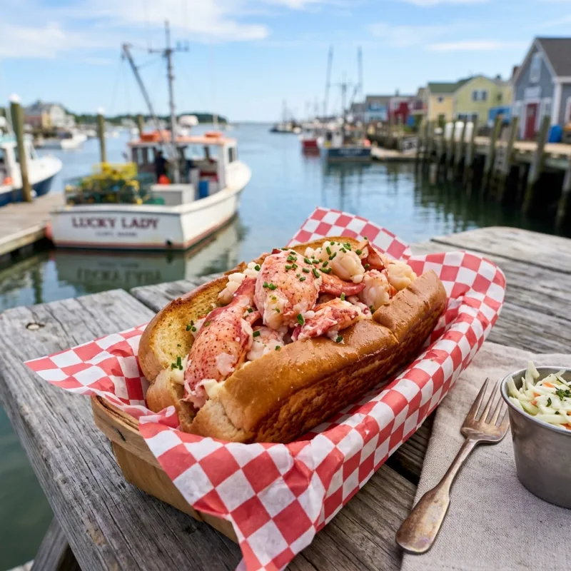 A classic Maine lobster roll in a toasted bun on a picnic table
