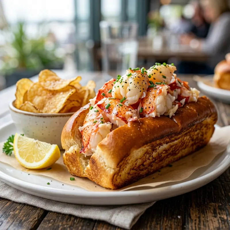A classic Maine lobster roll served with kettle chips and a lemon wedge