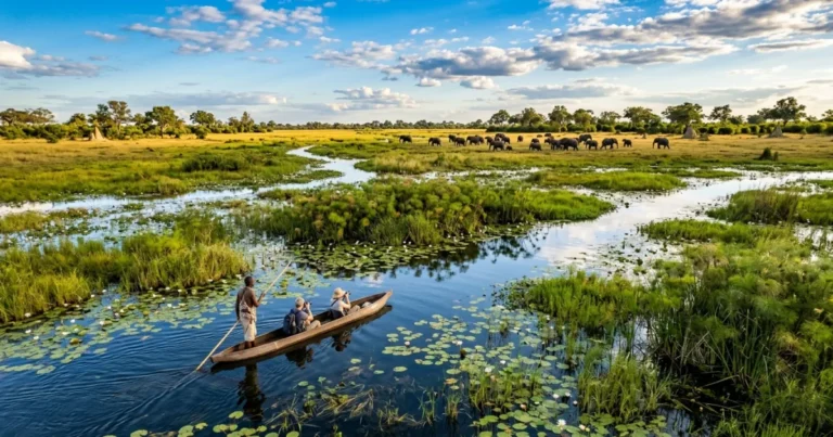Maun 7 Mokoro canoe navigating the Okavango Delta near Maun, Botswana