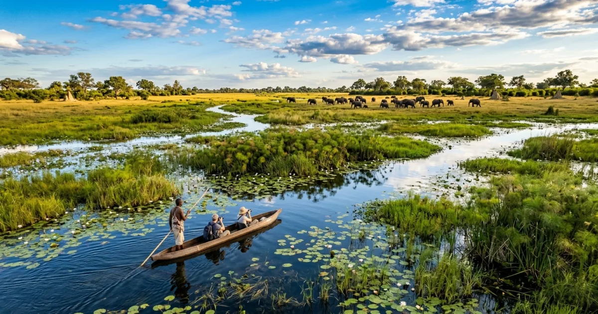 Mokoro canoe navigating the Okavango Delta near Maun, Botswana