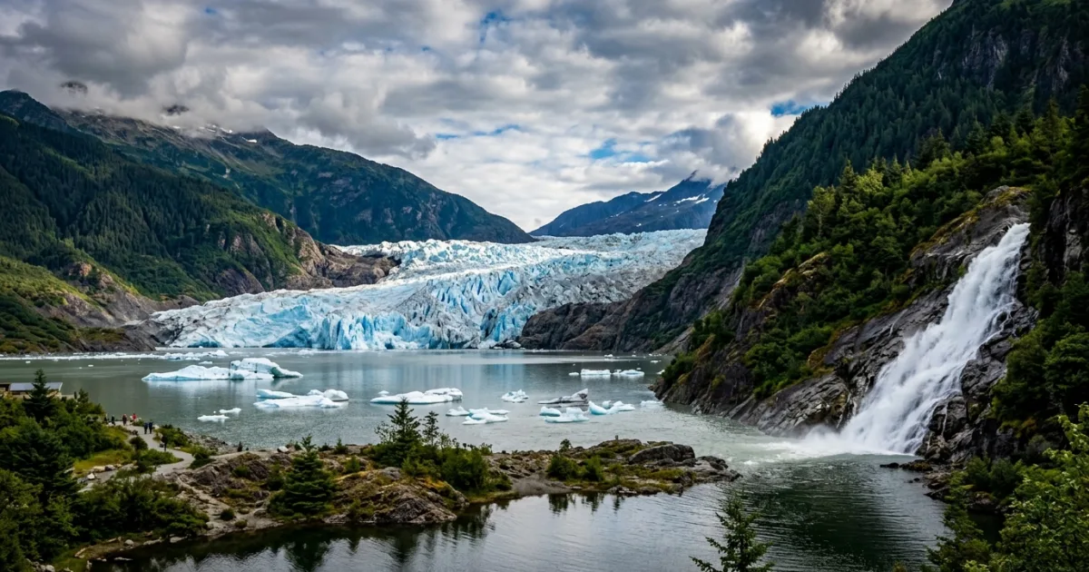Wide view of Mendenhall Glacier and Nugget Falls in Juneau, Alaska