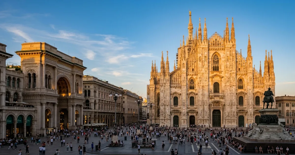 Milan 2 Wide angle view of the Duomo di Milano at golden hour
