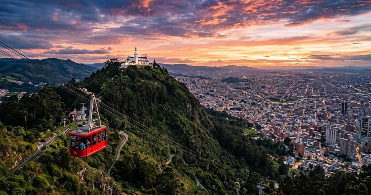 Panoramic view of Monserrate Hill and the Bogota skyline at sunset with a cable car ascending