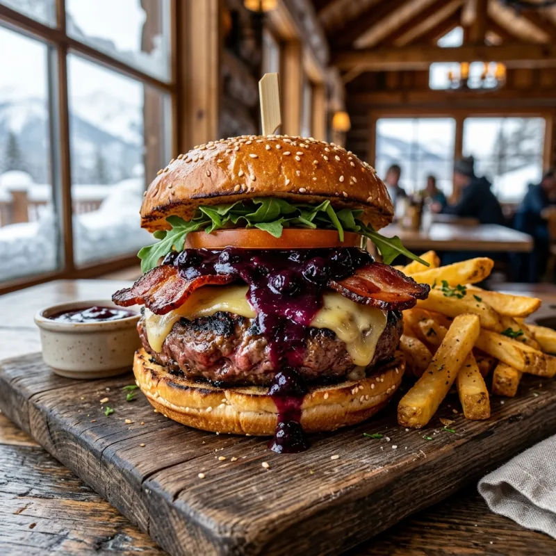 A gourmet Montana Bison Burger with huckleberry BBQ sauce and fries