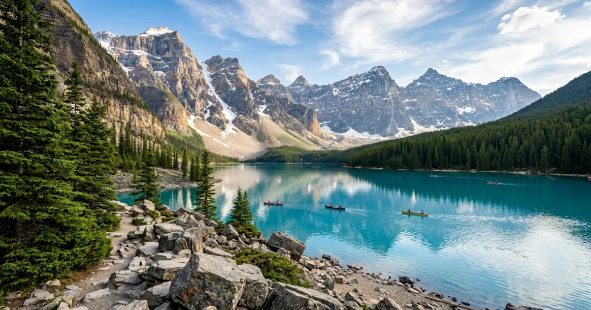 Wide-angle view of Moraine Lake and the Valley of the Ten Peaks