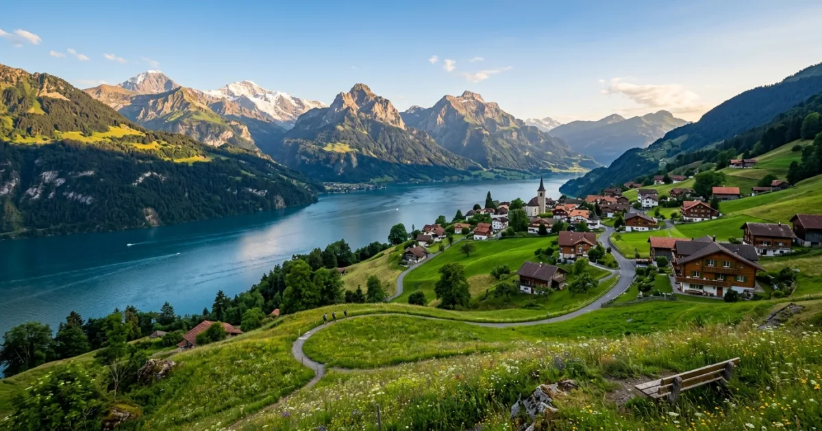 Morschach 2 Wide-angle view of Morschach village and Lake Lucerne in the Swiss Alps
