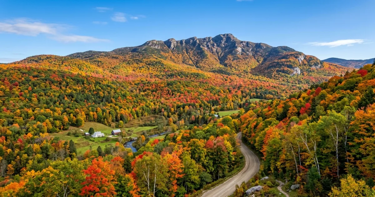 Panoramic view of Mount Mansfield surrounded by vibrant fall foliage