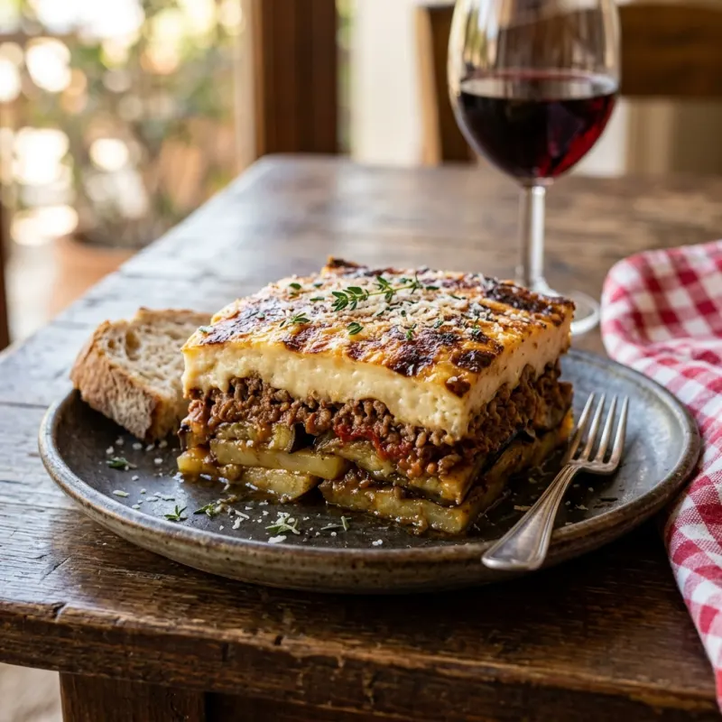 A slice of traditional Greek Moussaka on a rustic plate