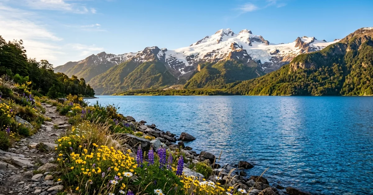 Scenic view of Lake Nahuel Huapi and Mount Tronador in Patagonia