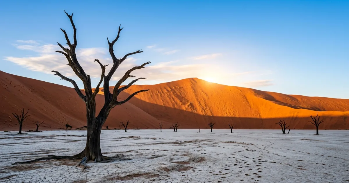 Towering red sand dunes and dead camel thorn trees at Deadvlei in the Namib Desert
