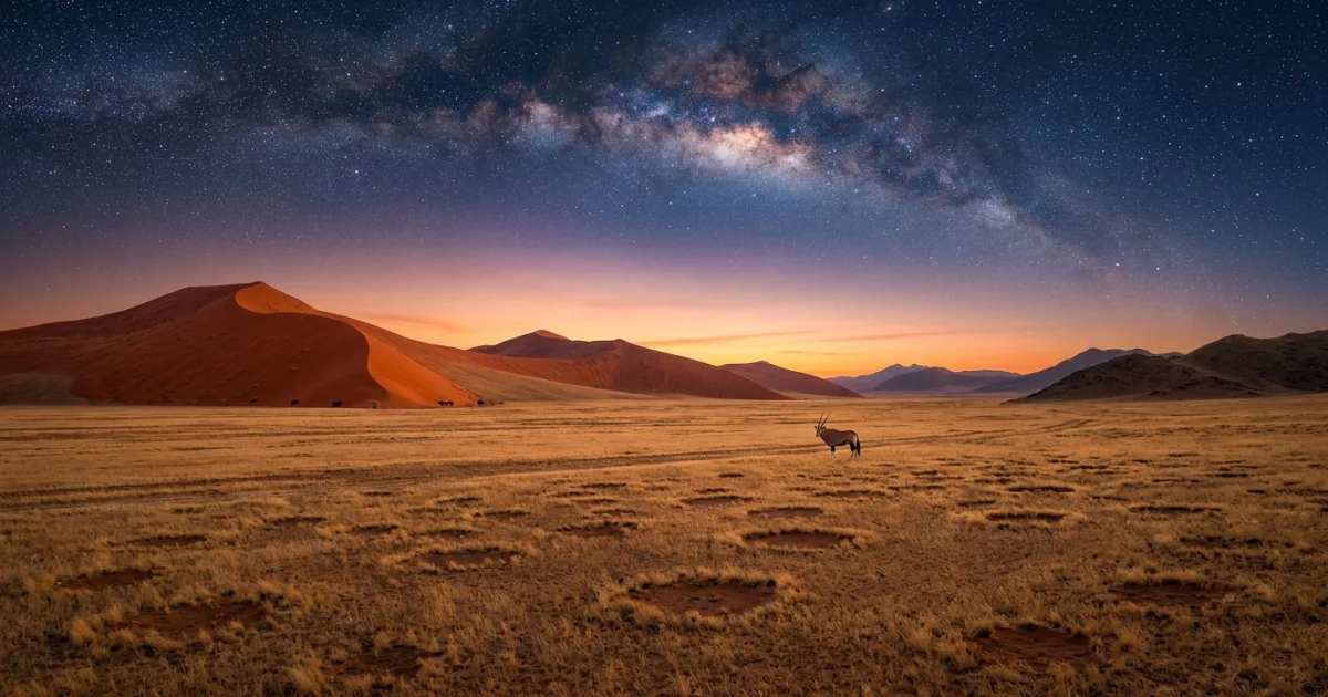 Travel Guides 11 Wide landscape of NamibRand Nature Reserve with red dunes, fairy circles, and an Oryx