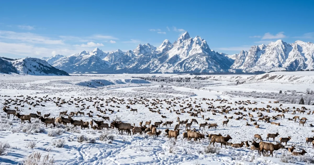 Thousands of elk resting in a snowy valley with the Grand Teton mountains in the background