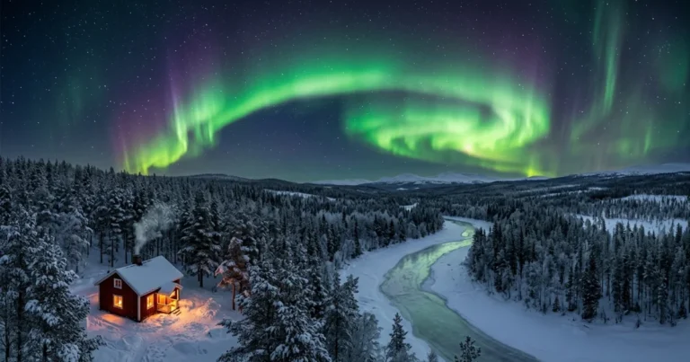 Norrland 31 Northern Lights shining over a snowy landscape and red cabin in Norrland, Sweden