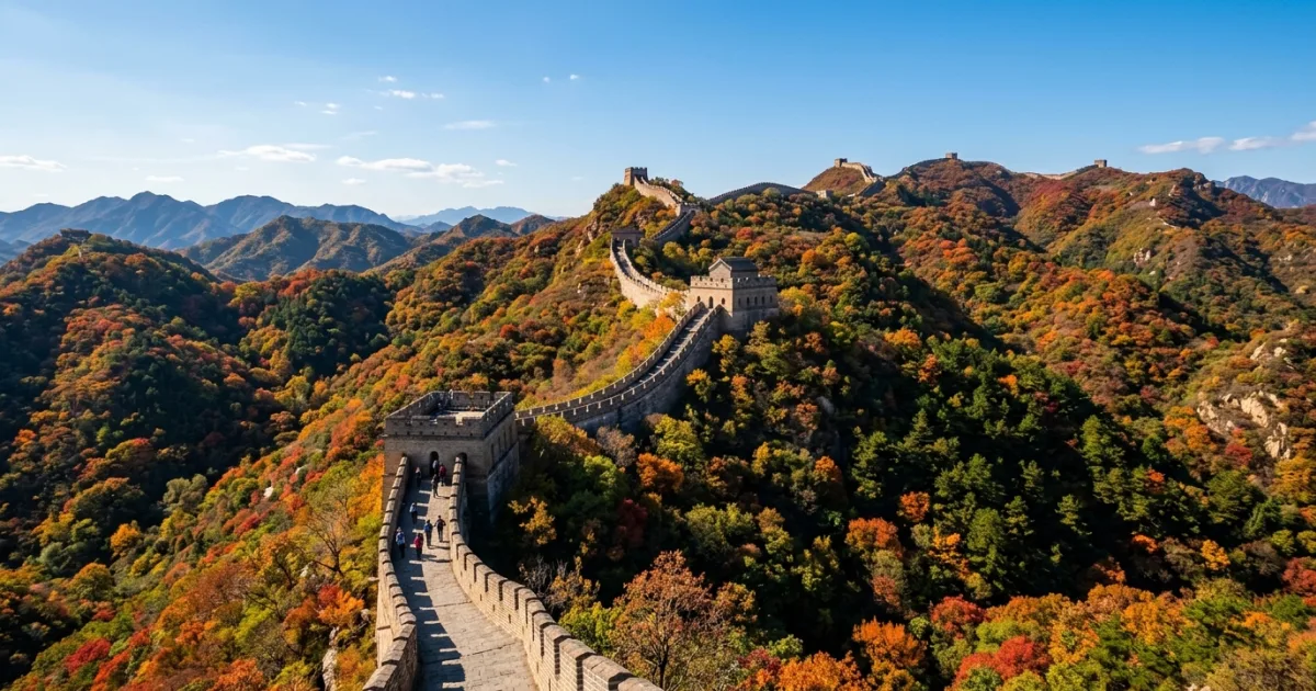 The Great Wall of China winding through autumn mountains