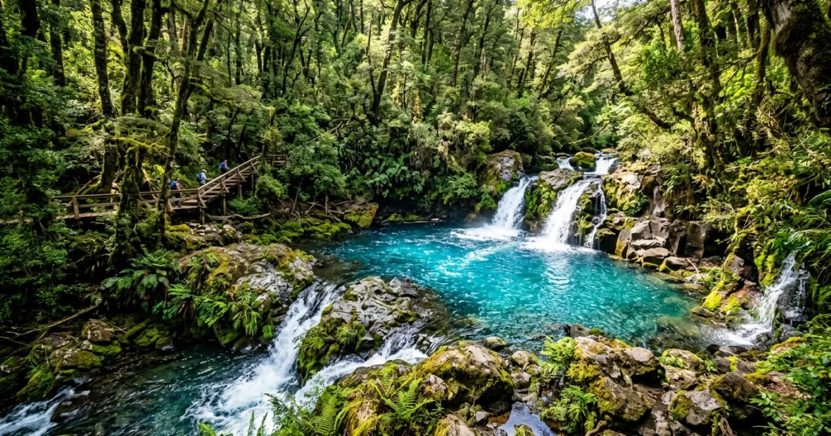 Vibrant blue natural pools and waterfalls of Ojos del Caburgua surrounded by lush green forest.