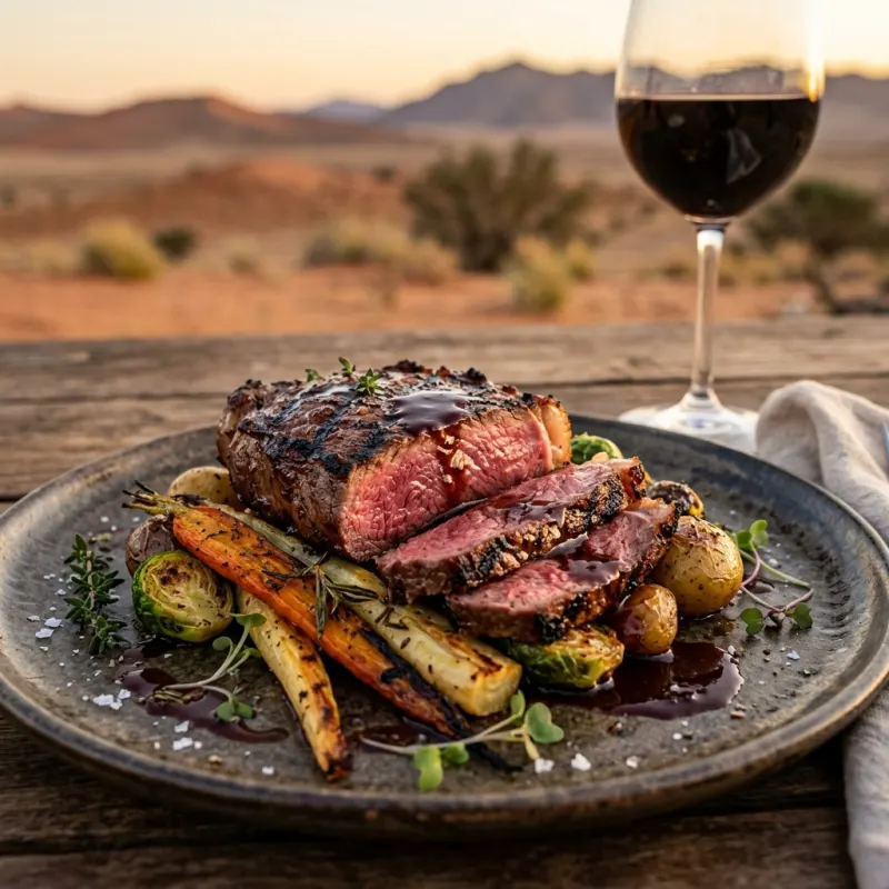 Gourmet Oryx steak served with roasted vegetables and red wine reduction