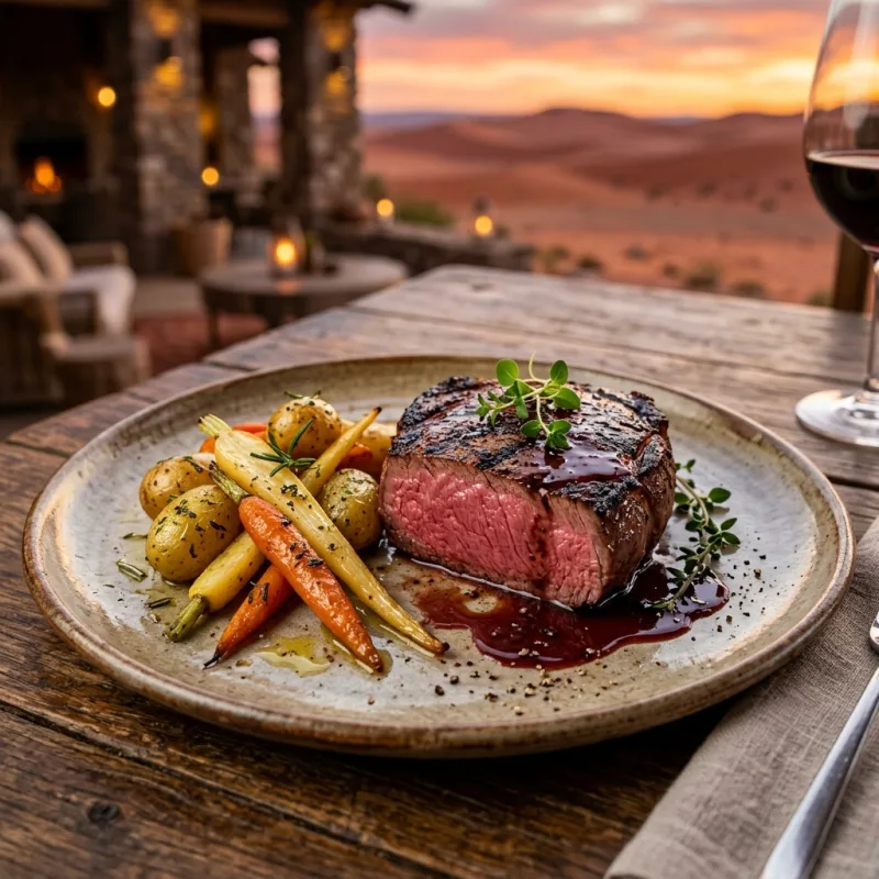 Medium-rare Oryx steak with roasted vegetables