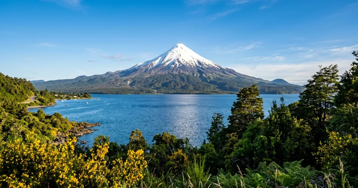 Wide angle view of the snow-capped Osorno Volcano towering over Lake Llanquihue in Chile
