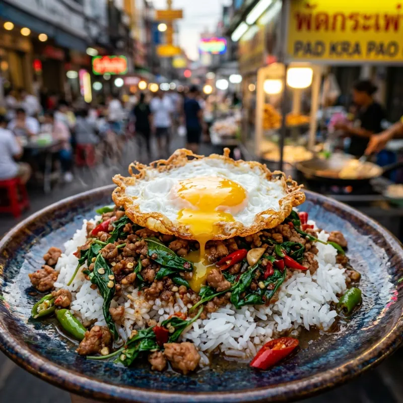 A plate of Pad Kra Pao with minced pork, holy basil, rice, and a fried egg