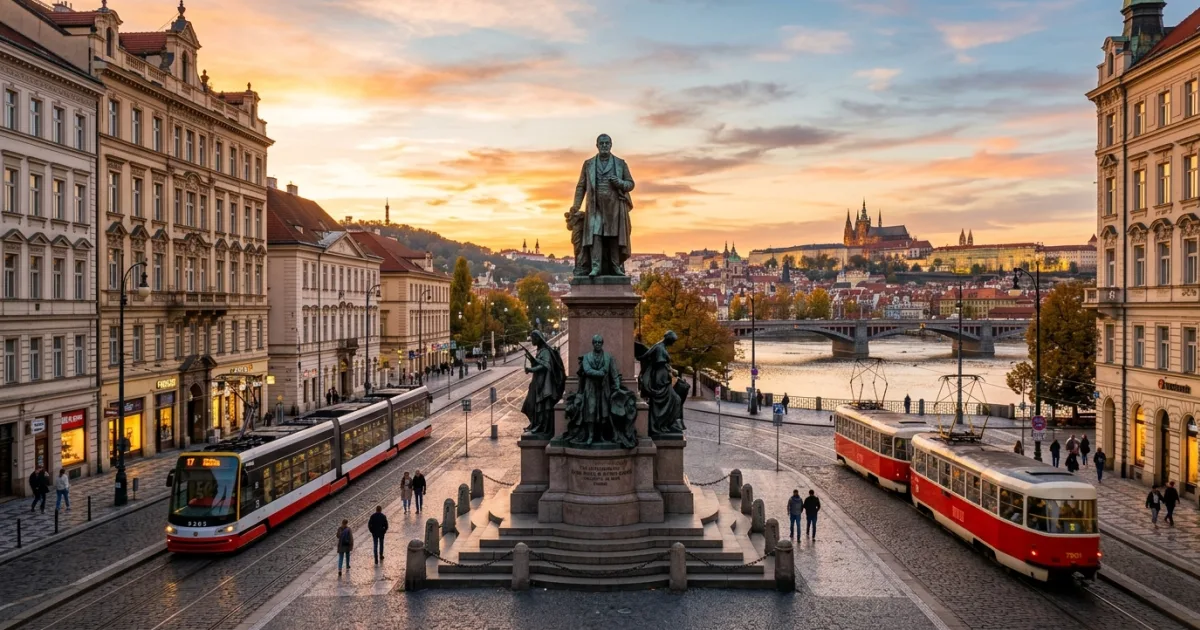 Palackeho Square and monument in Prague at sunset