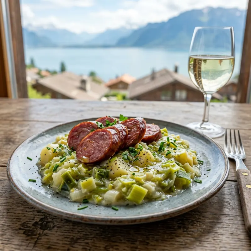 Papet Vaudois with Saucisson Vaudois on a rustic plate