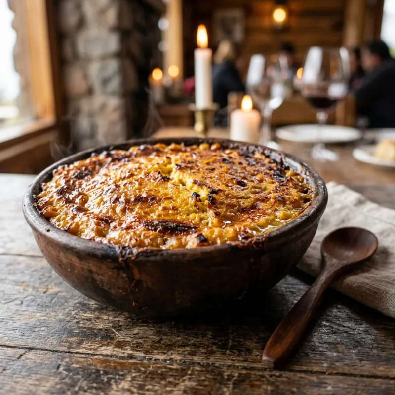 Traditional Chilean Pastel de Choclo in a clay bowl
