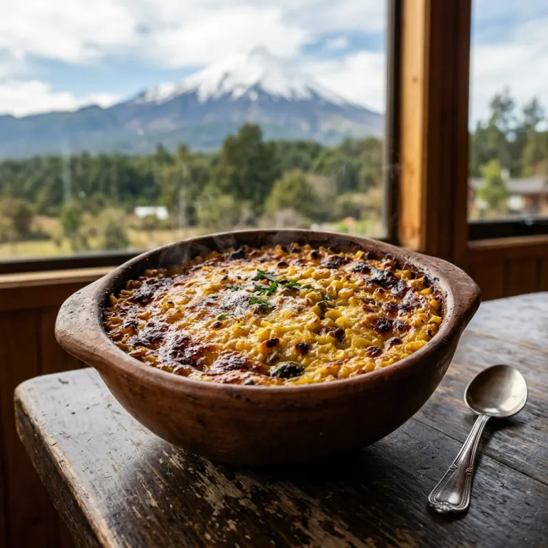 A traditional clay bowl of baked Pastel de Choclo