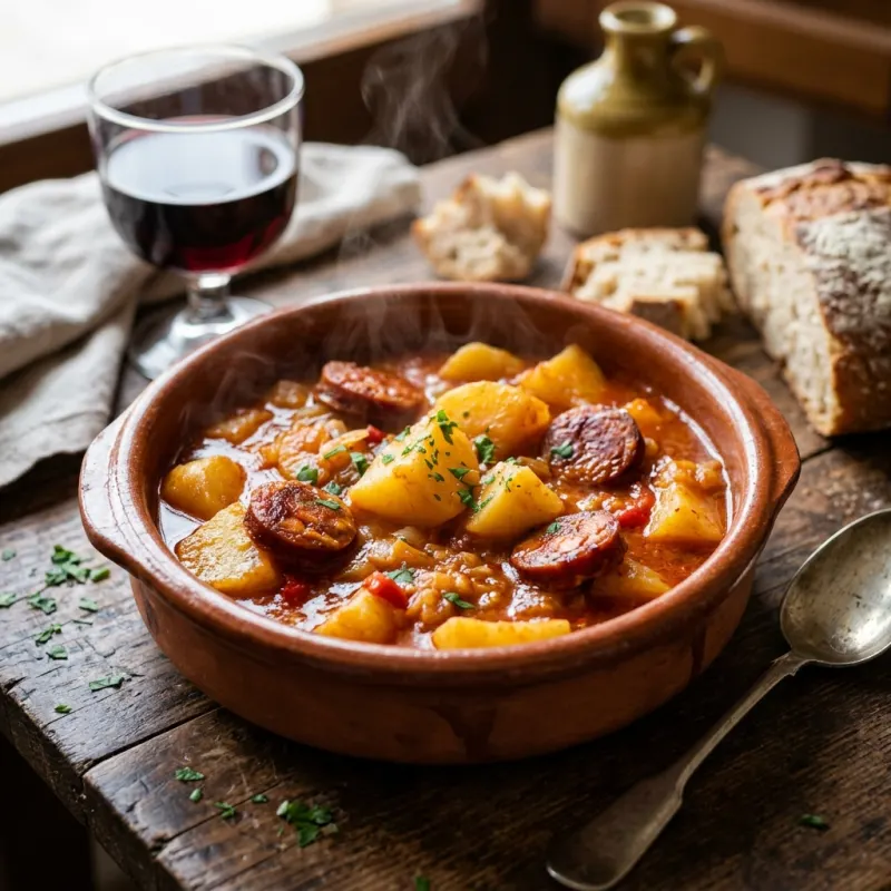 A traditional clay bowl of Patatas a la Riojana stew with chorizo