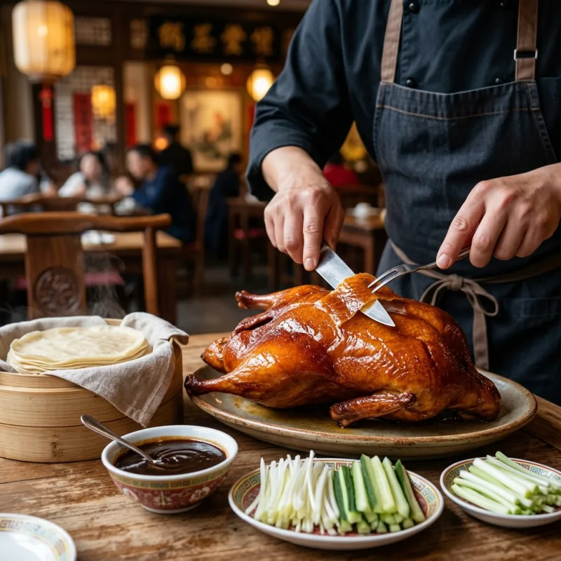 Sliced Peking Duck served with pancakes and sweet bean sauce