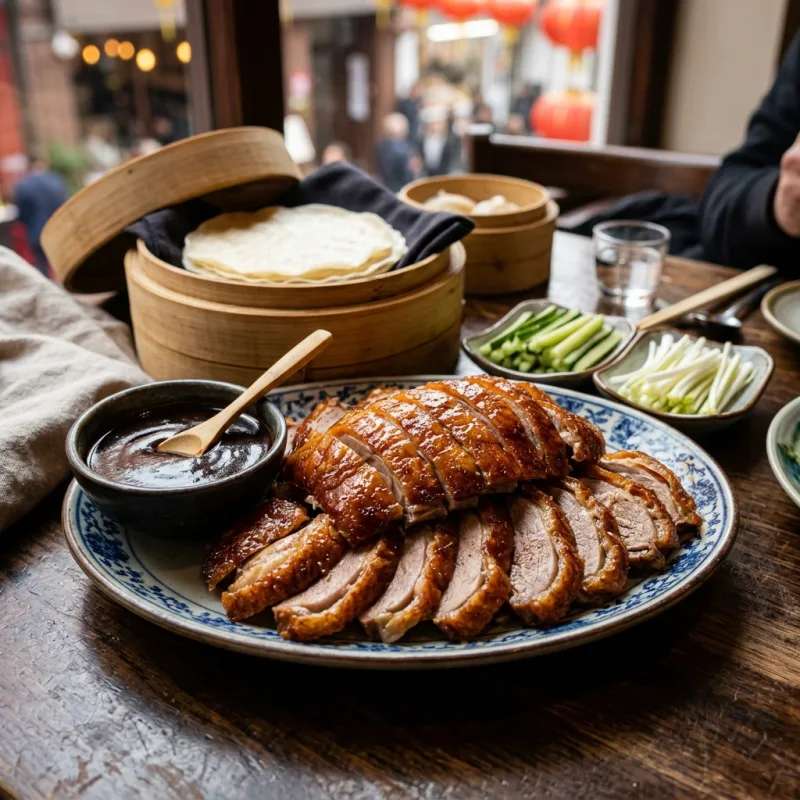 Sliced Peking Duck with pancakes and hoisin sauce