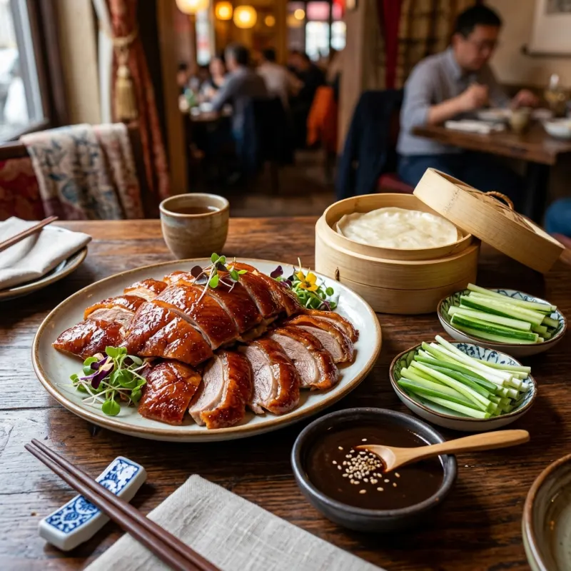 Sliced Peking Duck with pancakes and condiments