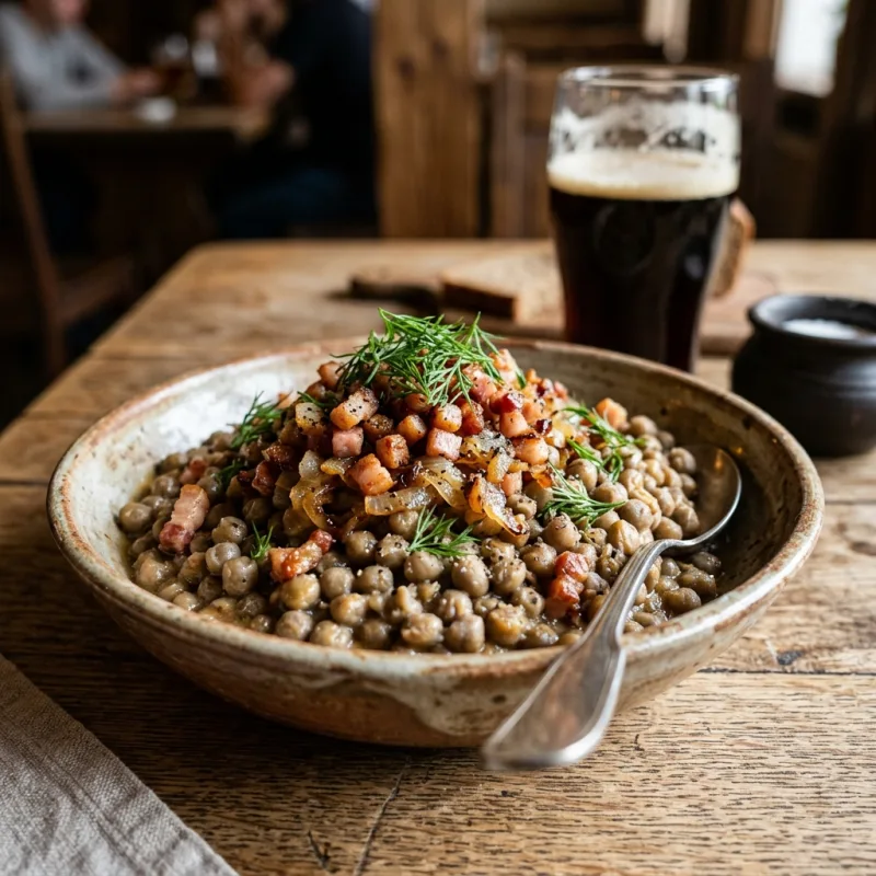 A bowl of traditional Latvian grey peas with bacon