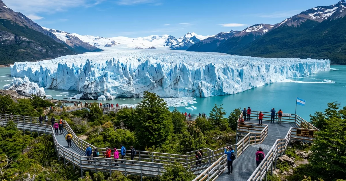 Wide-angle view of the Perito Moreno Glacier and boardwalks in Los Glaciares National Park