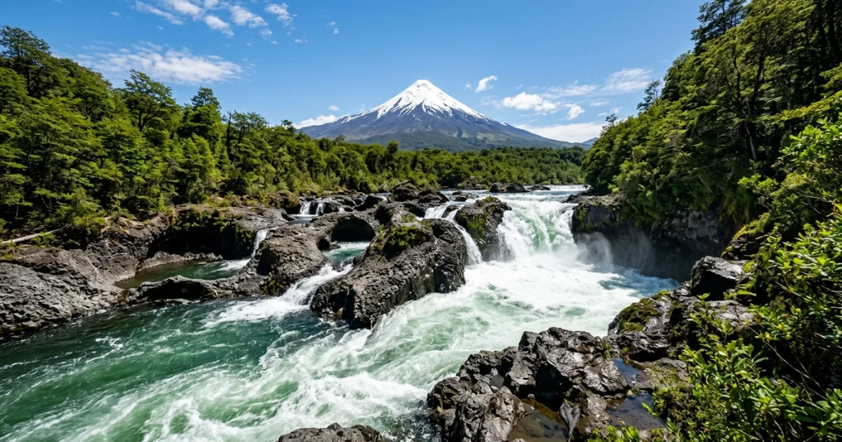 Petrohue Waterfalls with Osorno Volcano in the background
