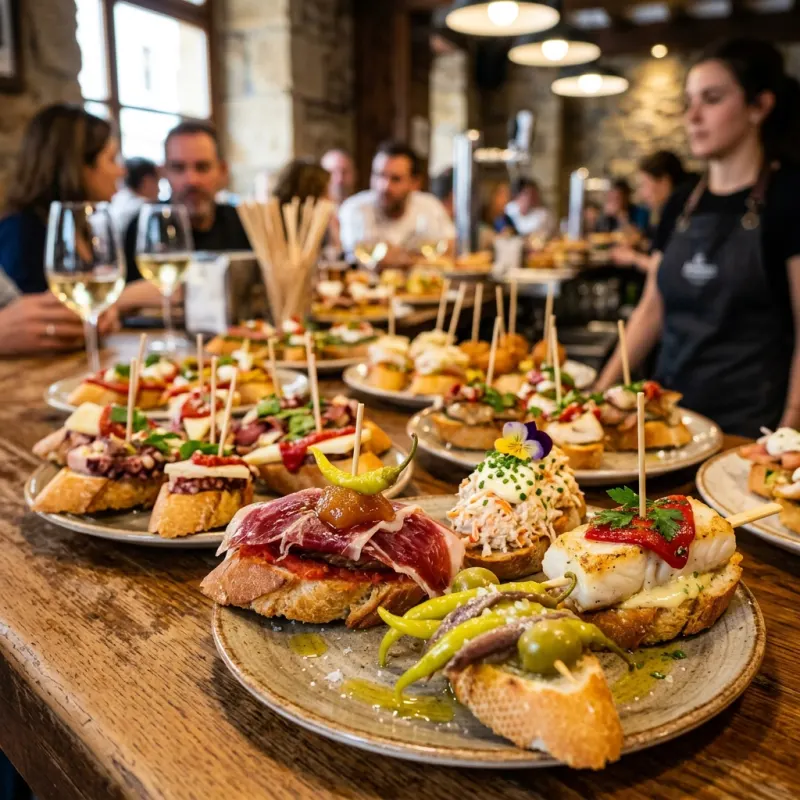 A colorful spread of traditional Basque pintxos on a wooden bar counter