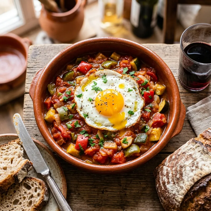 A terracotta bowl of Pisto Manchego topped with a fried egg